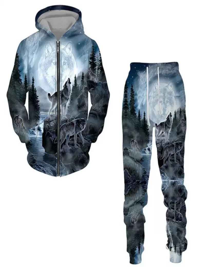 New 3D printed long sleeved hooded sweatshirt set for spring and autumn men's sportswear zipper sweatshirt