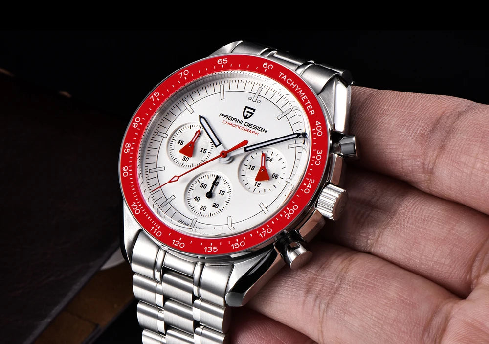 PAGANI DESIGN herenhorloge „New Moon“ – Luxe quartzhorloge, chronograaf, saffierglas met antireflectiebehandeling, keramische lunette, lichtgevende wijzers