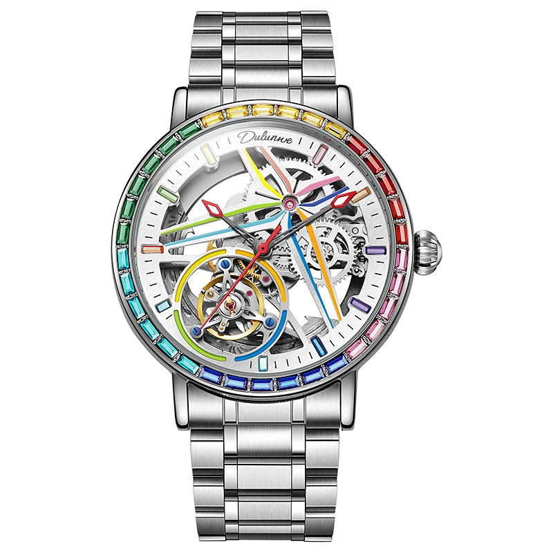 Rainbow Colored Gemstone Tourbillon Fashion Skeleton Watch Men Waterproof 30M Sports Watches Luxury Automatic Mechanical Clock