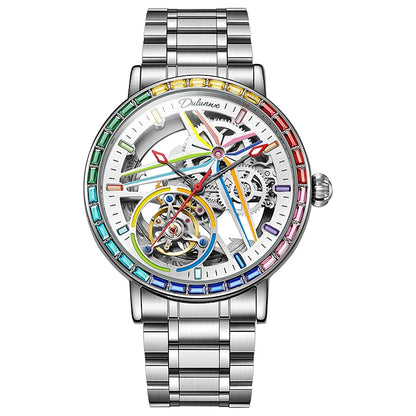 Rainbow Colored Gemstone Tourbillon Fashion Skeleton Watch Men Waterproof 30M Sports Watches Luxury Automatic Mechanical Clock