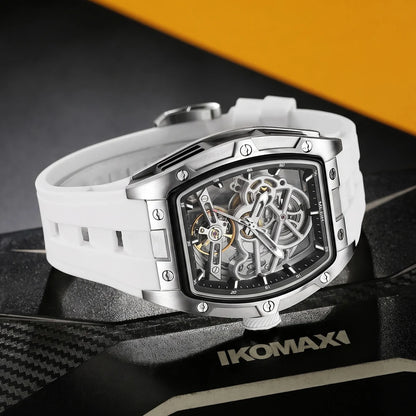 Montre mécanique pour homme MEGIR, forme tonneau, cadran squelette ajouré, style sportif, bracelet en silicone, montre automatique de luxe