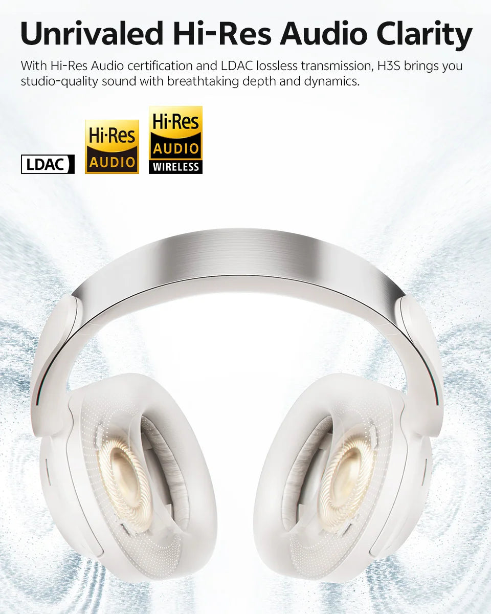 QCY H3S -56dB ANC adaptativo Auscultadores Bluetooth 6.0 circum-aurais – Headset sem fios Hi-Res LDAC, bateria de 102H, som espacial Dual Driver