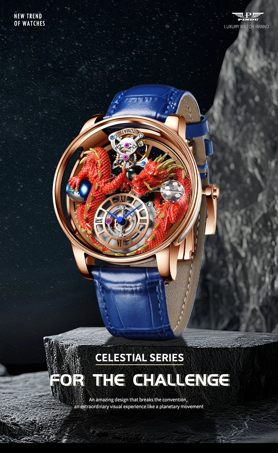 PINDU Design New 3D Dragon Earth Theme Quartz Watches Men Celestial Series Curved Mirror Transparent Design Watch Wristwatches