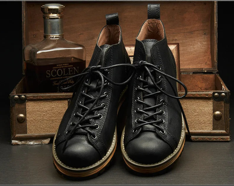 KOWM cowhide Hiking shoes men's walking boot British trekking shoes thick soled cowhide high top motorcycle boots ankle sneakers