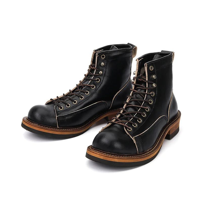 KOWM cowhide Hiking shoes men's walking boot British trekking shoes thick soled cowhide high top motorcycle boots ankle sneakers