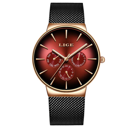Montre pour femme LIGE, élégante et tendance – Style sport-décontracté, bracelet en maille, mouvement à quartz, affichage de la date et du jour, étanche.