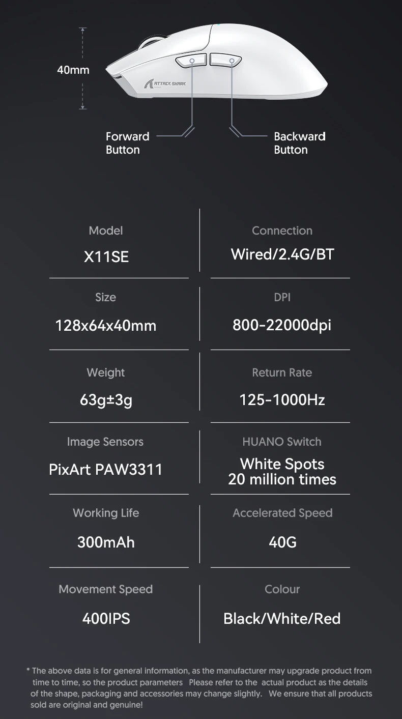 ATTACK SHARK X11SE vezeték nélküli gamer egér, három üzemmódú, 63g szuperkönnyű kialakítás PAW3311 érzékelővel, 22000 DPI, 300mAh akkumulátor, kettős driver