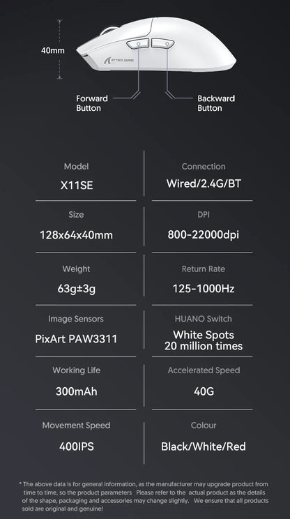 ATTACK SHARK X11SE vezeték nélküli gamer egér, három üzemmódú, 63g szuperkönnyű kialakítás PAW3311 érzékelővel, 22000 DPI, 300mAh akkumulátor, kettős driver