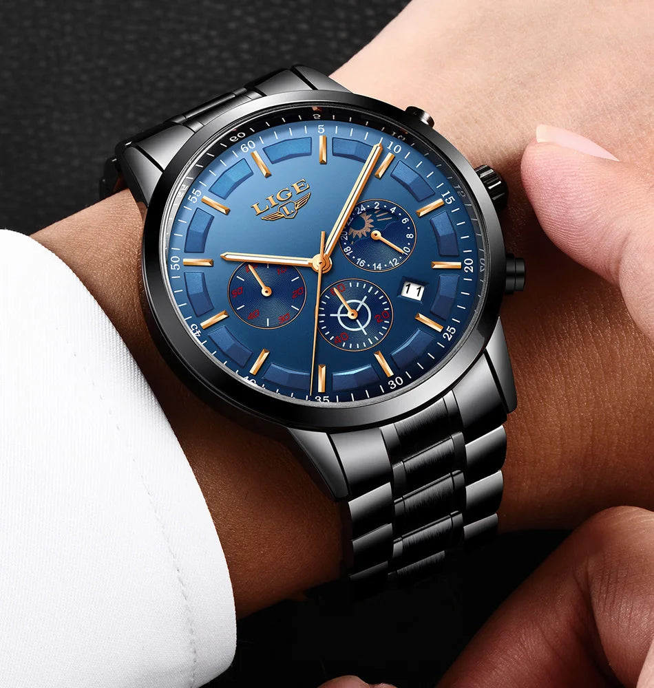 Montre pour homme LIGE – Chronographe à quartz de luxe, étanche (3 bars), avec aiguilles luminescentes – Idée cadeau (boîte incluse)
