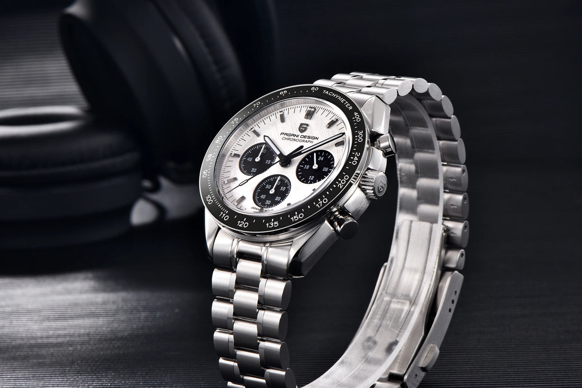 PAGANI DESIGN herenhorloge „New Moon“ – Luxe quartzhorloge, chronograaf, saffierglas met antireflectiebehandeling, keramische lunette, lichtgevende wijzers