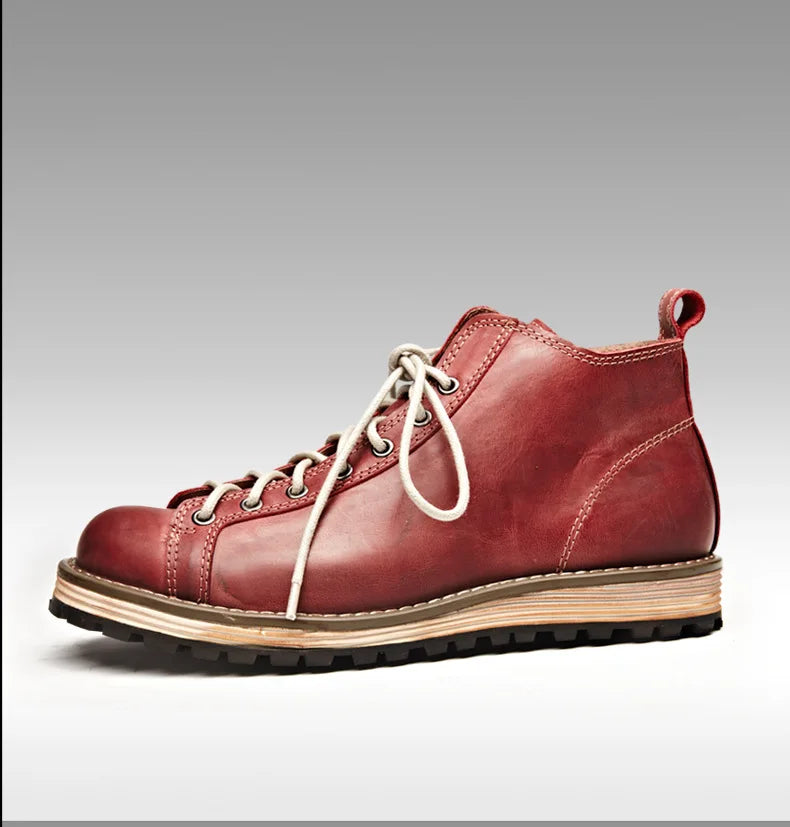 KOWM cowhide Hiking shoes men's walking boot British trekking shoes thick soled cowhide high top motorcycle boots ankle sneakers