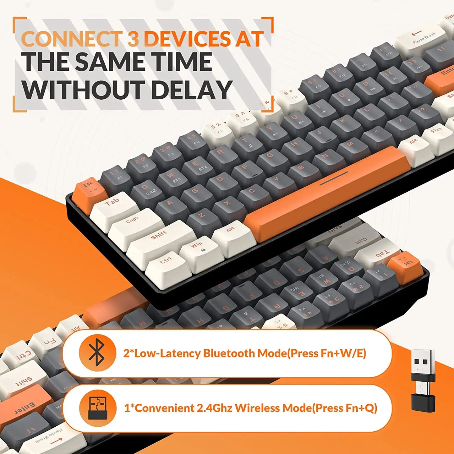 Teclado Mecânico Sem Fios RK68 60%, Bluetooth 5.0/2.4GHz com Recetor 2 em 1 de Modo Duplo, Teclado Gaming de 68 Teclas Hot-Swappable