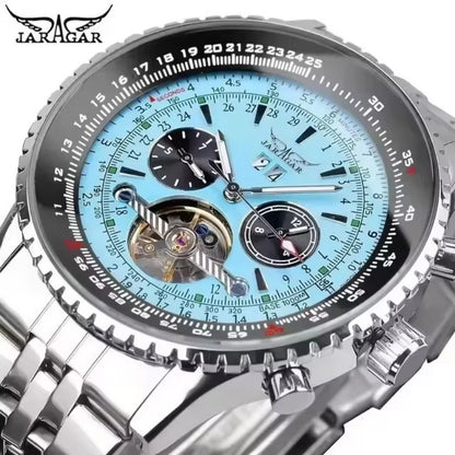 JARAGAR 034 luxus retro automata mechanikus karóra, tourbillon, üreges szkeleton, rozsdamentes acél, heti naptár, férfi karóra