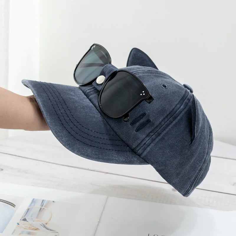 New Cat Ears Sunglasses Baseball Cap Y2K Cotton Washed Pilot Snapback Caps Gorras Women And Men Outdoor Sunshade Sun Hats Unisex