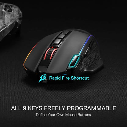 Redragon M991 trådlös gamingmus 26000 DPI, 3 lägen för gamers, 9 makroknappar, RGB-bakbelysning, svart