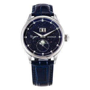 Sugess Moonphase Watch of Men 40mm Automatic Mechanical Wristwatches Seagul ST2528 Movement Stainless Steel Blue Sandstone Dial