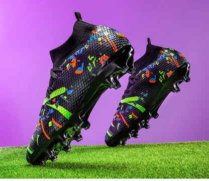 Chaussures de football mi-hautes FG pour terrain ferme, empeigne texturée imprimée graffiti, bottes de football à lacets, crampons durs transparents professionnels