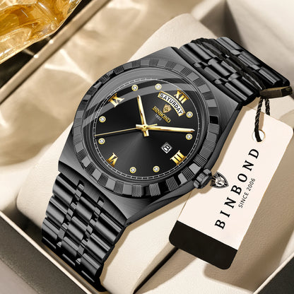 Montre pour homme de la marque originale BINBOND – Montre-bracelet à quartz, modèle de luxe, étanche et luminescent.