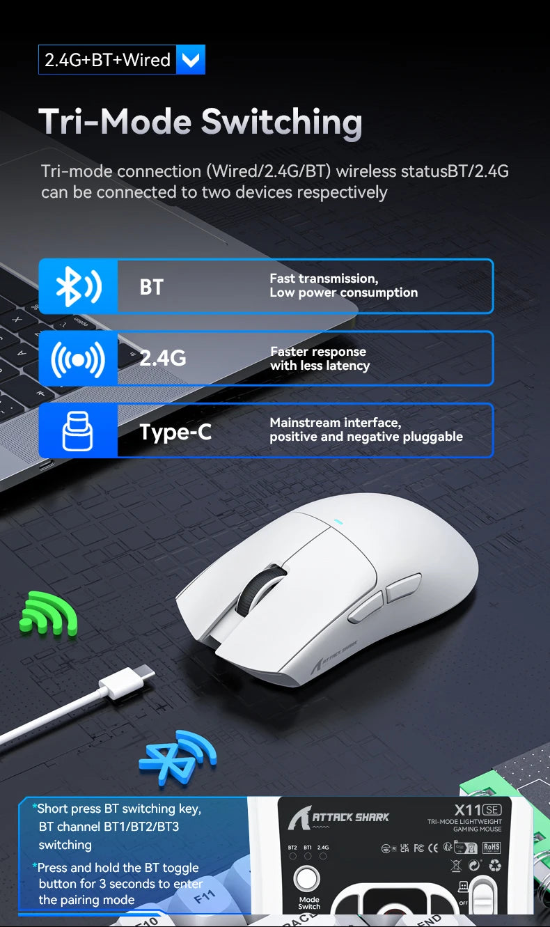 ATTACK SHARK X11SE vezeték nélküli gamer egér, három üzemmódú, 63g szuperkönnyű kialakítás PAW3311 érzékelővel, 22000 DPI, 300mAh akkumulátor, kettős driver