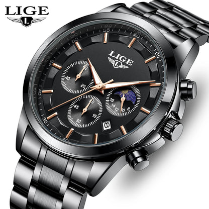 Reloj para hombre LIGE: cronógrafo de cuarzo de lujo, resistente al agua (3 bares), con agujas luminiscentes