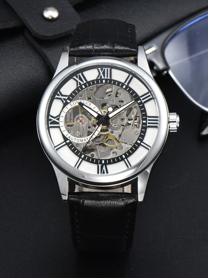 Reloj automático para hombre, estilo de lujo, esfera con números romanos, mecanismo a la vista (esqueleto), resistente al agua, agujas luminiscentes, correa de piel: una opción ideal para regalar.