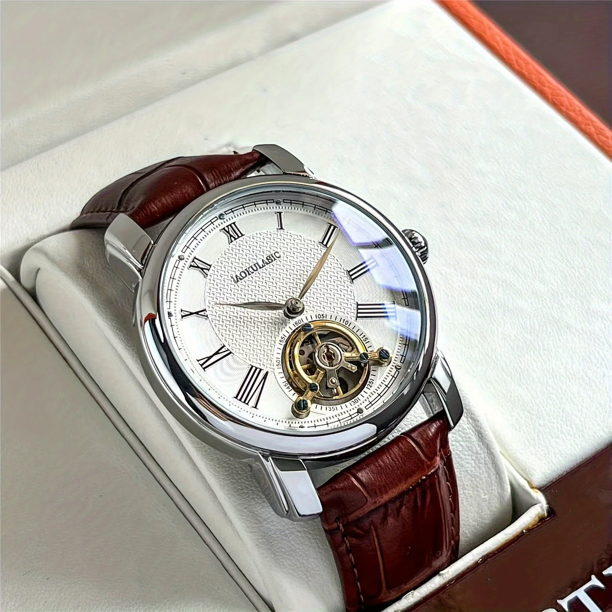 Montre mécanique automatique pour homme – Design ajouré élégant, style « business casual » tendance, boîtier en alliage et bracelet en cuir, sans pile