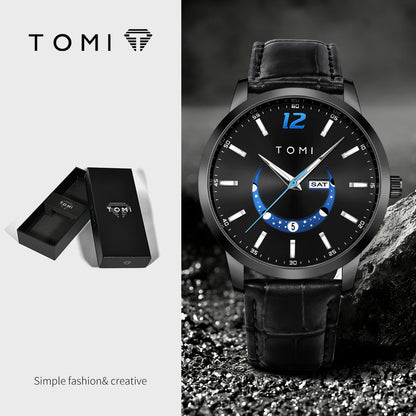 Montre à quartz TOMI, style business et élégant, avec bracelet en cuir, boîtier en alliage et cadran à aiguilles – Design haut de gamme, idée cadeau pour homme