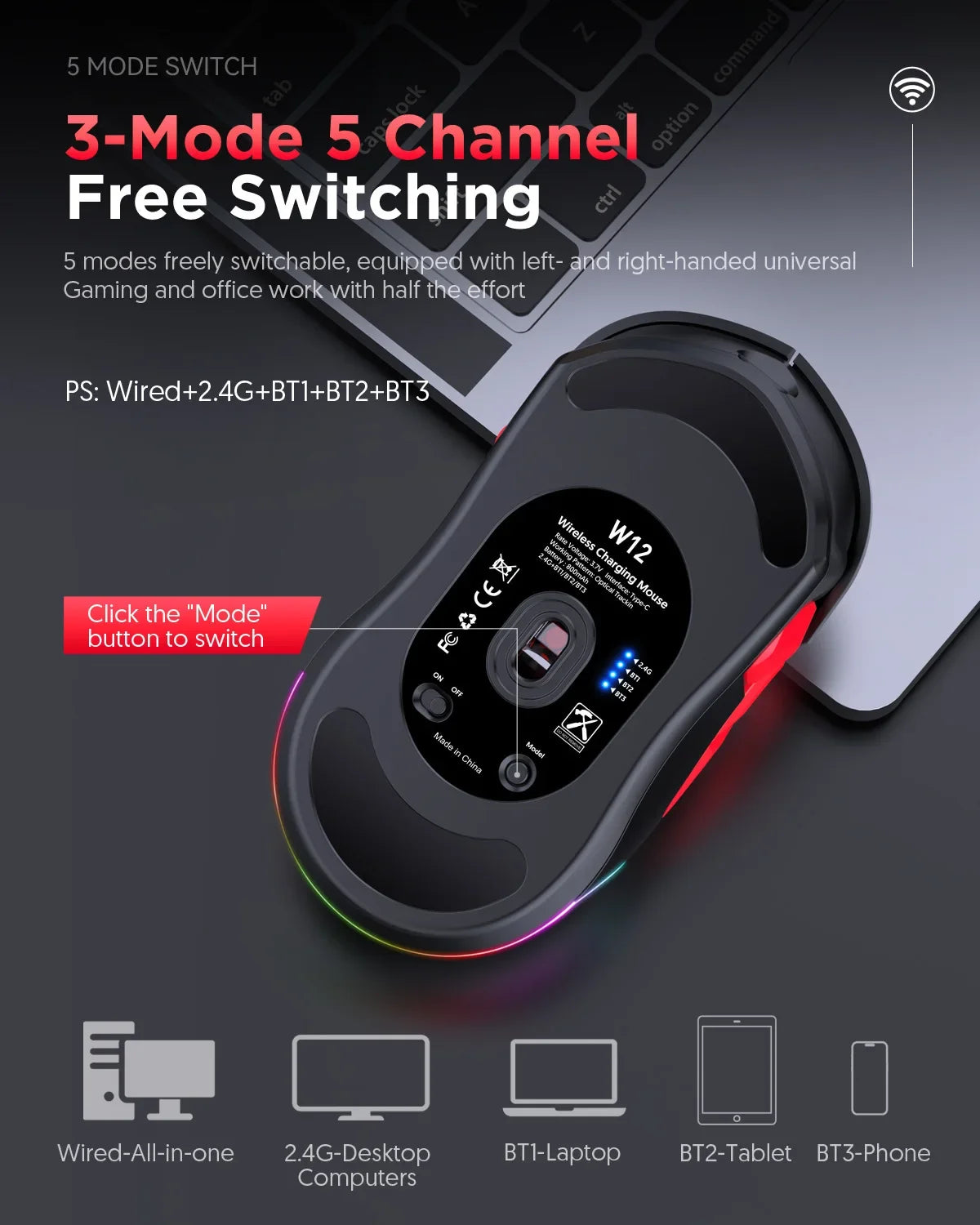 Mouse gaming macro MKESPN W12 cu 10 butoane, ambidextru, wireless Bluetooth, multicanal, tri-mode, ergonomic, RGB mare