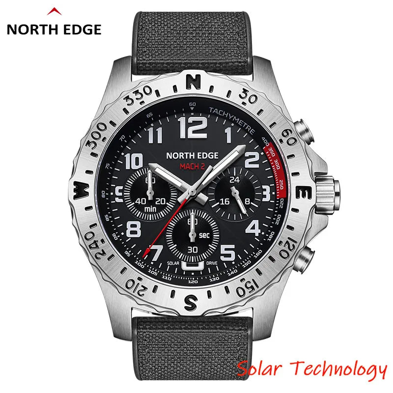 NORTH EDGE 2024 MACH 2 Men's Watches Solar Power 316 stainless steel Case Quartz Watch For Men Pilot Waterproof 50M Stopwatch