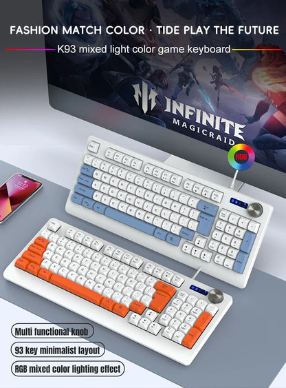 93-Key Minimalist Wired Gaming Keyboard Mixed Color Lighting With Multifunction Knob Mechanical Feeling Keyboard For PC Gamers
