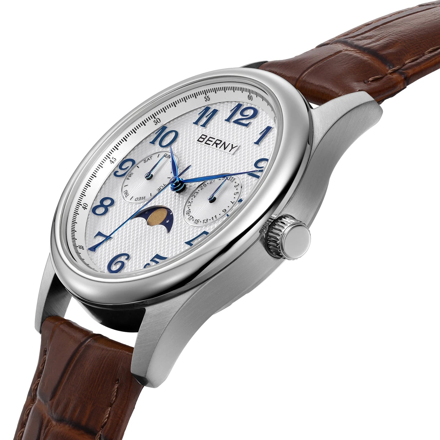 BERNY Watches for Men Moon Phase Quartz Men's Watch Day and Date Calendar Easy Read Vintage-Style Business Dress Wristwatch