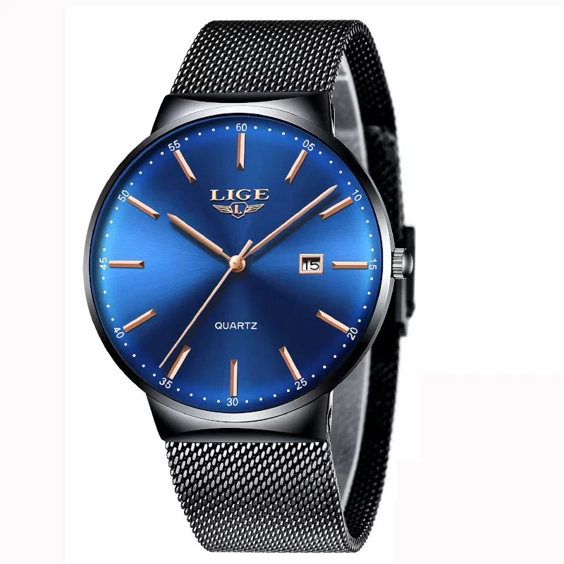 Montre pour homme LIGE, modèle élégant et luxueux, ultra-fin, étanche, avec bracelet en maille, mouvement à quartz, affichage de la date et calendrier – idéale pour un style professionnel.