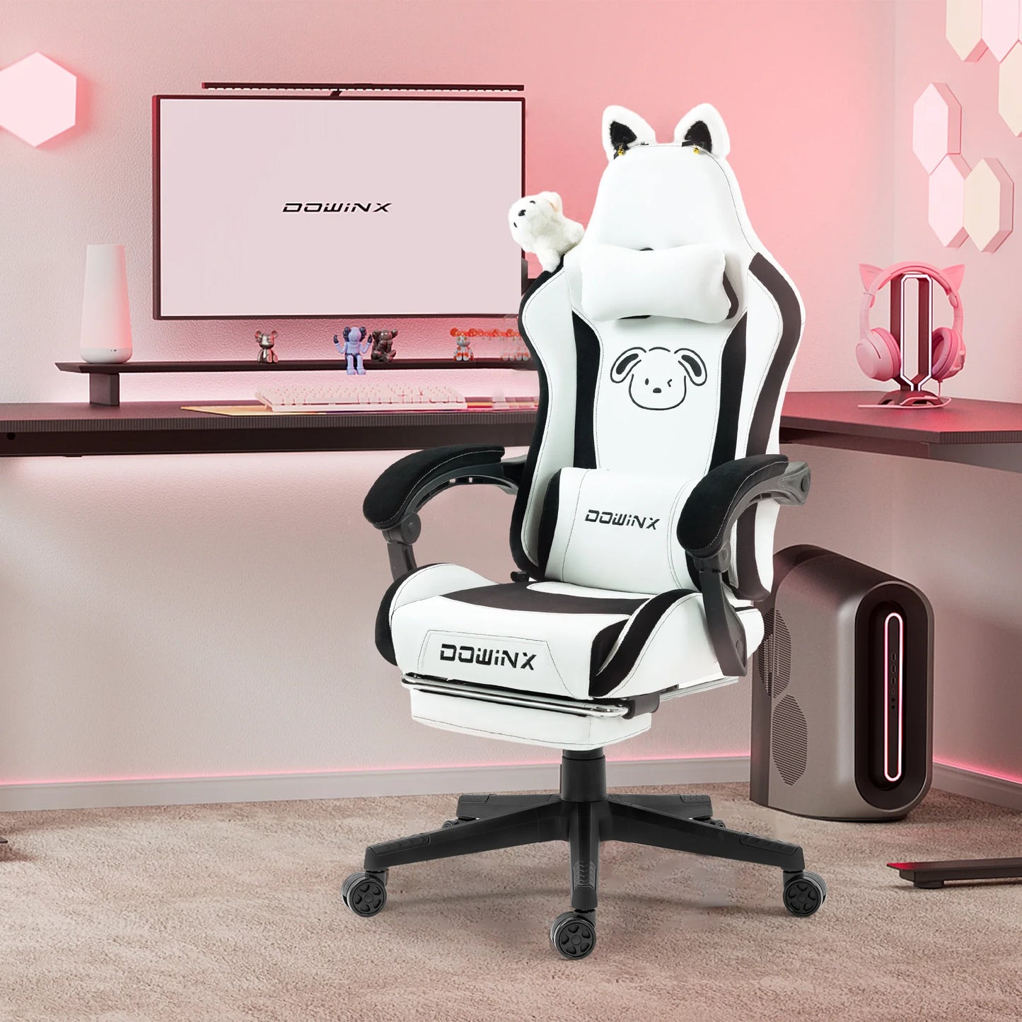Сладък гейминг стол с котешки ушички и поставка за крака, розов Kawaii компютърен стол, ергономична геймърска седалка с висок гръб и лумбална опора с котешка лапичка
