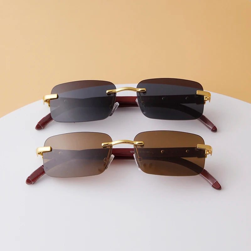 Classic Stylish Rectangle Rimless Sunglasses Women Men Brand Design Luxury Vintage Sun Glasses Frameless Wood Leg Frame Eyewear