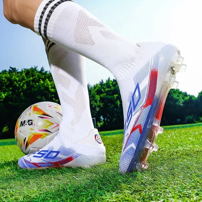 Nouvelles chaussures de football pour hommes, mi-hautes, légères, très vendues, pour l'entraînement sur herbe, antidérapantes, crampons de haute qualité pour l'extérieur.