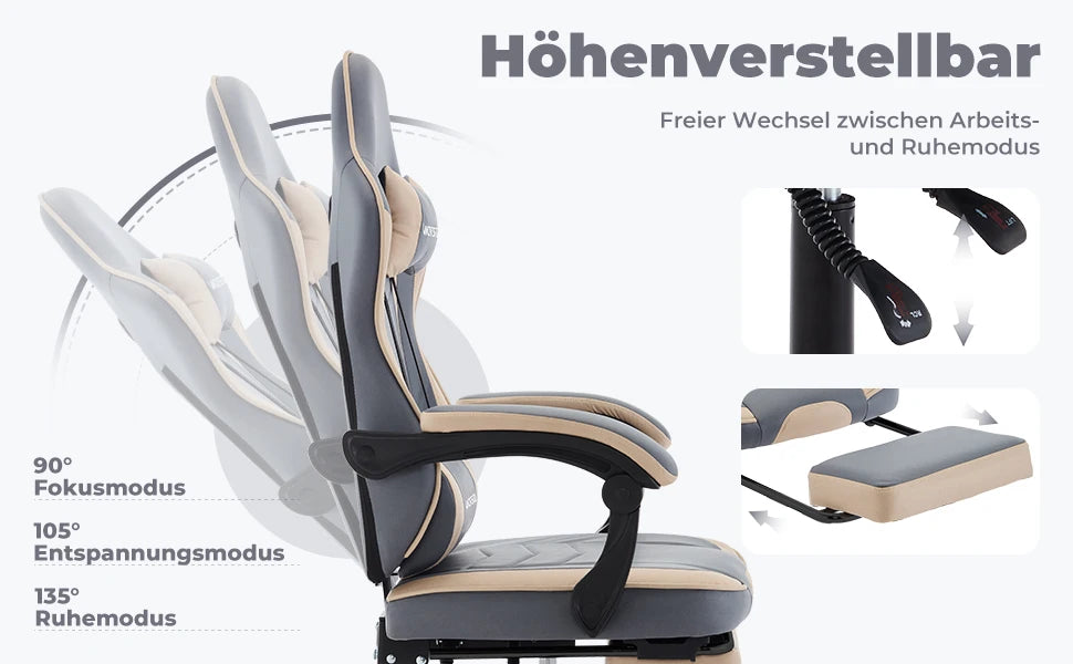 WOTSTA Gaming-Stuhl mit Fußstütze, ergonomischer Gamer-Stuhl mit Lendenkissen, Kopfstütze und höhenverstellbarem Computerstuhl