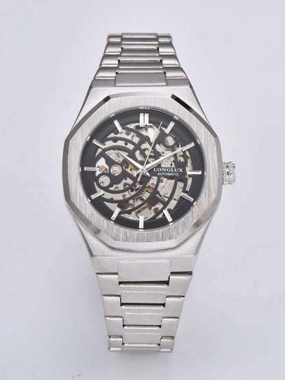 LONGLUX automatic watch business mechanical watches simple skeleton waterproof stainless steel cost effective mens watch gift