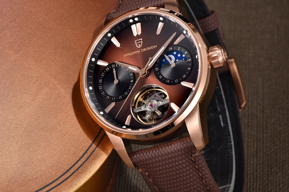 PAGANI DESIGN Newest 41MM Luxury Men's Mechanical Watch Sapphire Glass Leather Waterproof Pilot Tourbillon Moon Reroj Hombre