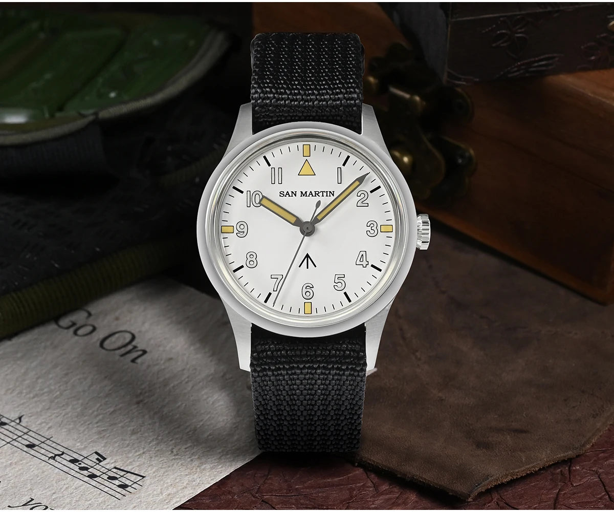 San Martin 36mm Men Pilot Watch VH31 Mechaquartz Movement Sweep Second Quartz Series Simple Style Nylon Strap 10 Bar Luminous