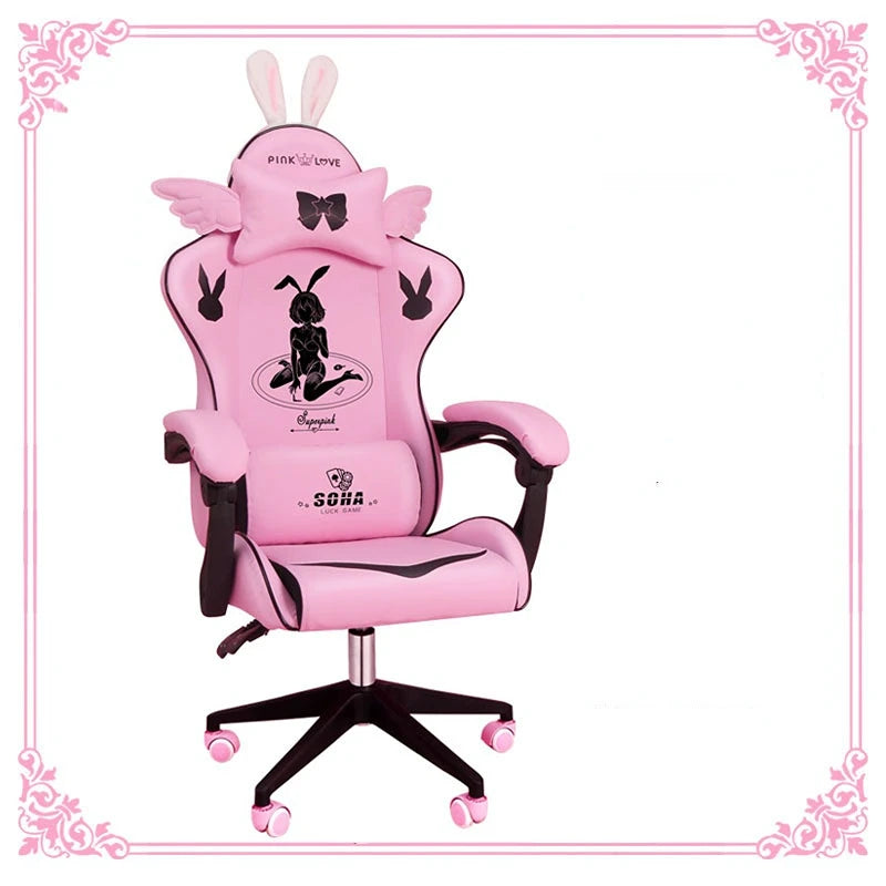 Pink Gaming Chair for Girls with Footrest, Ergonomic Swivel Gaming Chair, Adjustable Office Computer Chair, Cute Cartoon Gamer Chair
