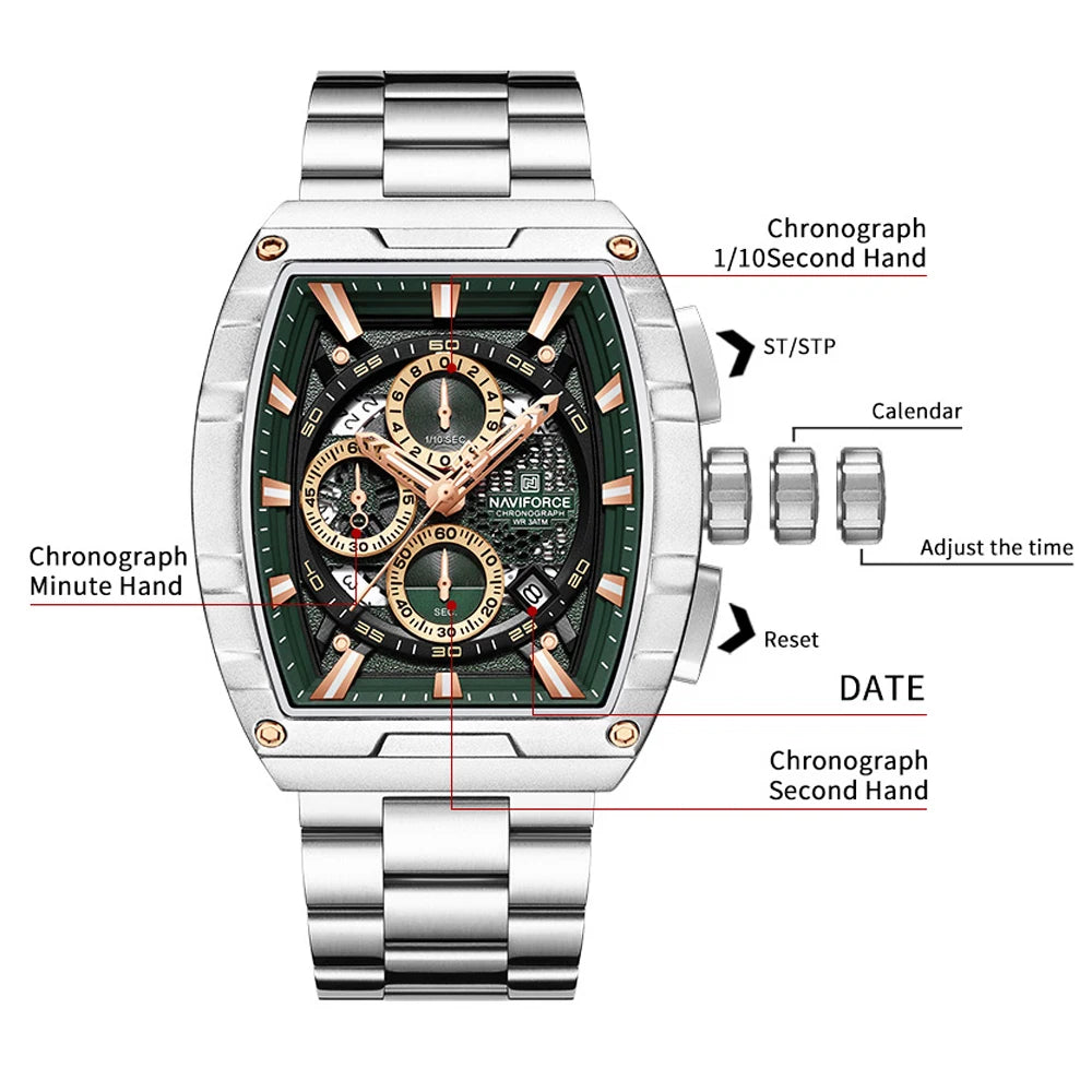 NAVIFORCE Luxury Chronograph Quartz Watch for Men Fashion Tonneau Stainless Steel Man Watches Waterproof Luminous WristWatch