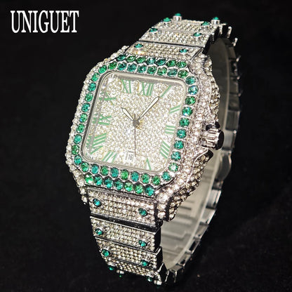 UNIGUET Big Diamond Watch Men Luxury Colored Roman Literal Watch Man Hip Hop Jewelry Bling Bling Square Wristwatch Dropshipping