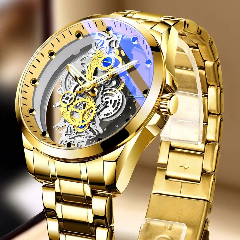 Trendové pánské hodinky, model s dvojitým víčkem, luxusní zlatý styl, imitace mechanického tourbillonu, quartzový strojek.