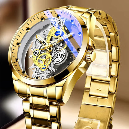 Trendové pánské hodinky, model s dvojitým víčkem, luxusní zlatý styl, imitace mechanického tourbillonu, quartzový strojek.