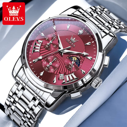 OLEVS – Modische rote Herrenuhr, luxuriöse Sportuhr, wasserdicht, Edelstahl-Chronograph, Quarz-Uhr, Herrenuhr (Relogio Masculino)