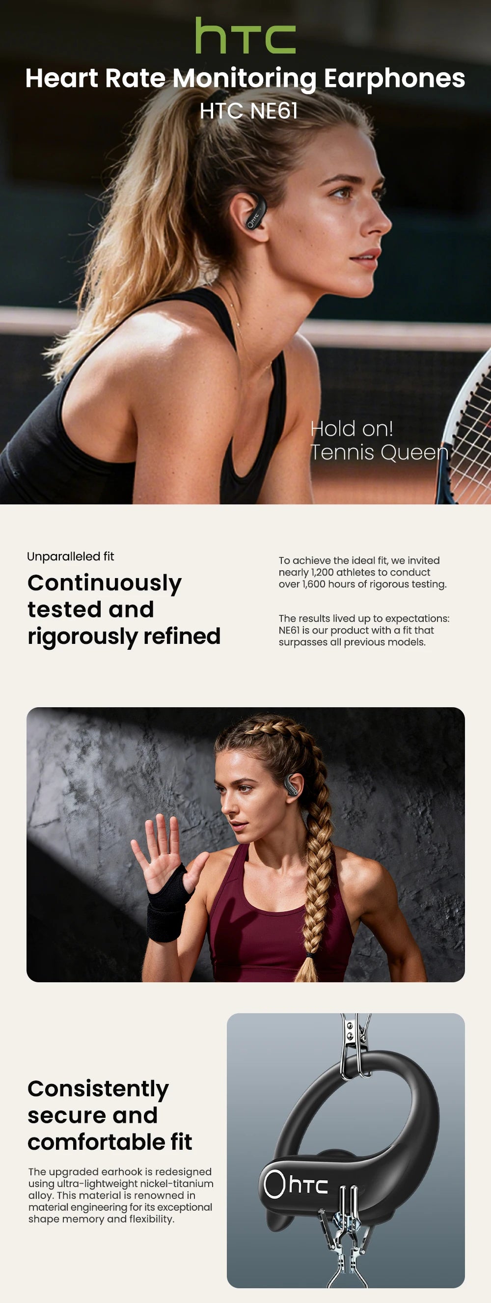 HTC NE61 Bluetooth Earphones – Premium Wireless Noise Reduction Sports Earbuds with AI Translator, Heart Rate Monitor & HD Bass