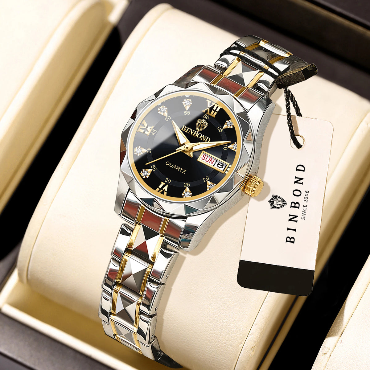 Montre pour femme BINBOND : montre à quartz robuste, luxueuse, luminescente et étanche, dotée d'un affichage précis de la date et du jour de la semaine.