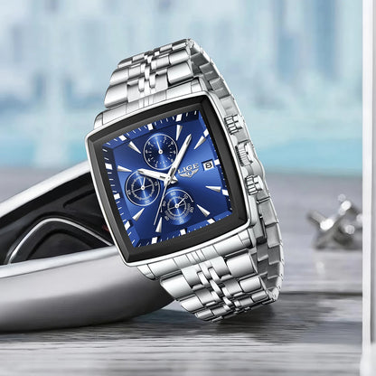 Relojes de lujo para hombre LIGE, modelo cuadrado, estilo clásico y moderno, de acero inoxidable, resistentes al agua, deportivos y desenfadados, con mecanismo de cuarzo.