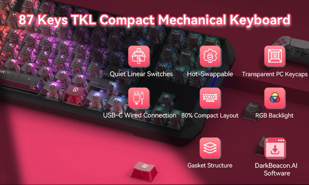 DarKBeacon RGB 87 Tasten kompaktes TKL-Keyboard, USB-kabelgebunden, Hot-Swappable, leise mechanische Tastatur für Windows-Laptop, PC, Gaming und Arbeit
