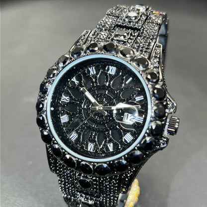 MISSFOX Fashion lced Out Silver Mens Watch Luxury Calendar Waterproof Watch For Man Hip Hop High Quality Big Diamond Wristwatch
